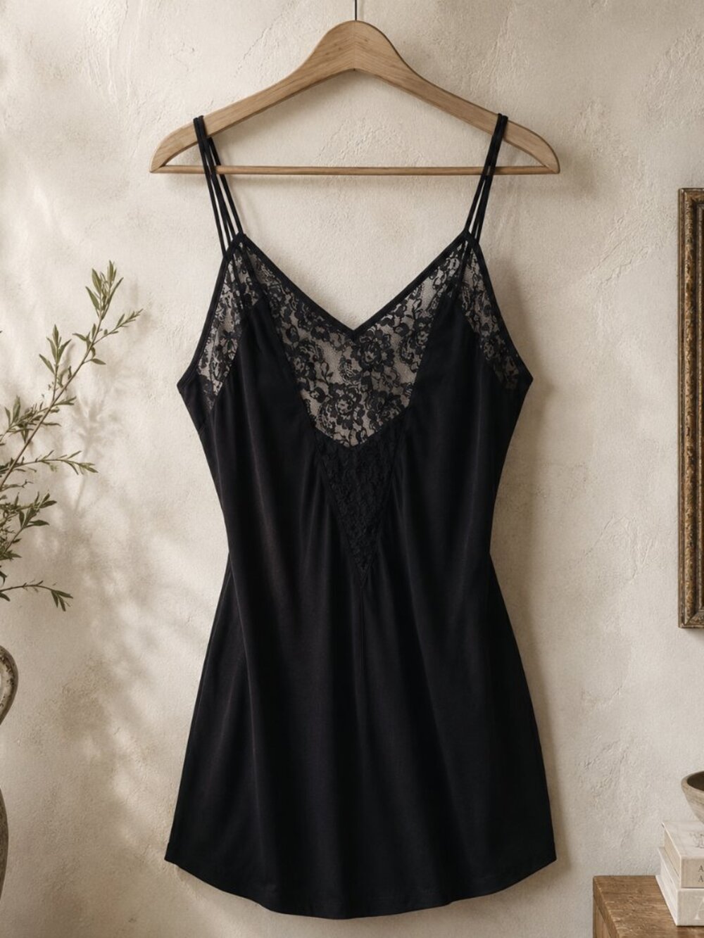 Vintage Victoria's Secret Black Lace Trim Chemise Slip Lingerie Dress M nylon